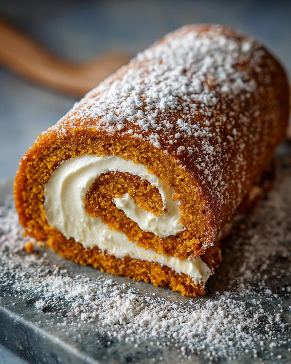 A close-up of a delicious pumpkin roll, dusted with powdered sugar, showcasing its creamy filling.