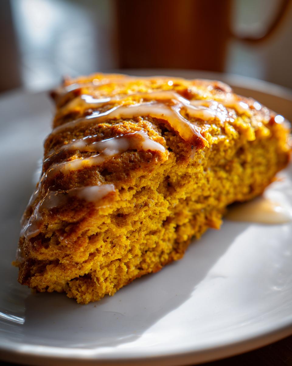 A close-up of a single, moist Pumpkin Scone drizzled with a sweet white glaze on a white plate.