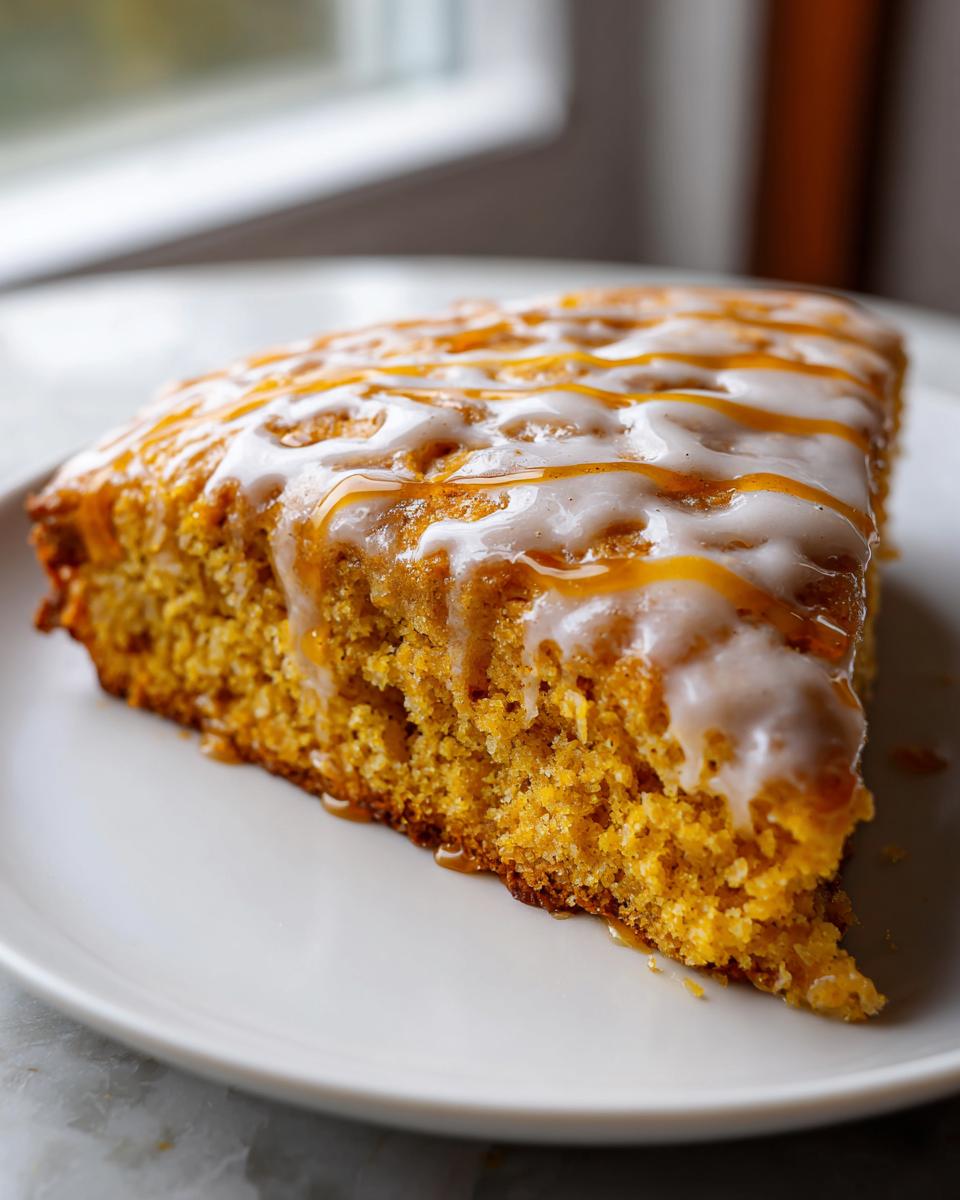 A slice of moist Pumpkin Scones topped with a white glaze and drizzled with caramel.