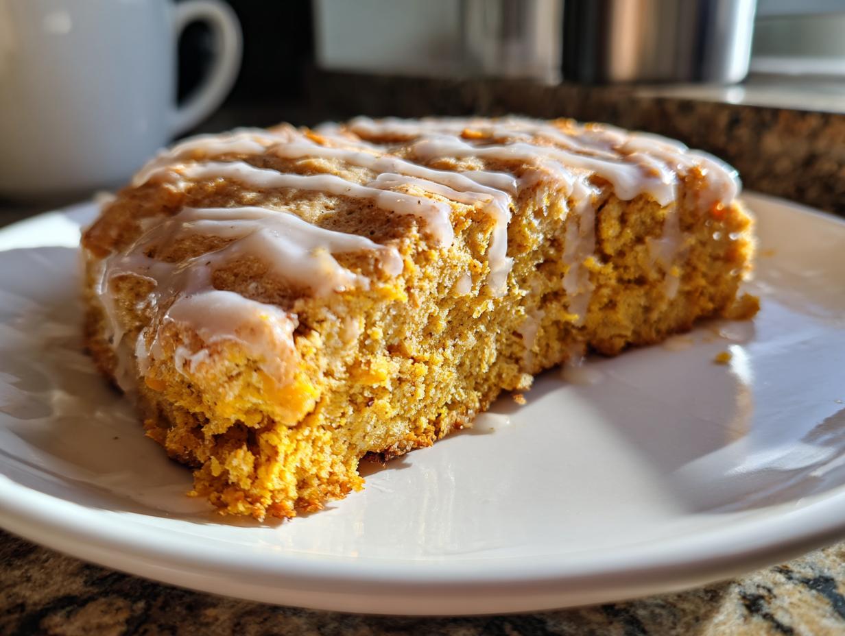 A close-up of a moist Pumpkin Scone drizzled with white glaze, ready to be enjoyed.