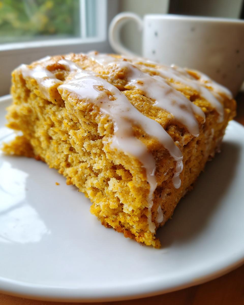 A close-up of a moist Pumpkin Scone, drizzled with a sweet white glaze, on a white plate.