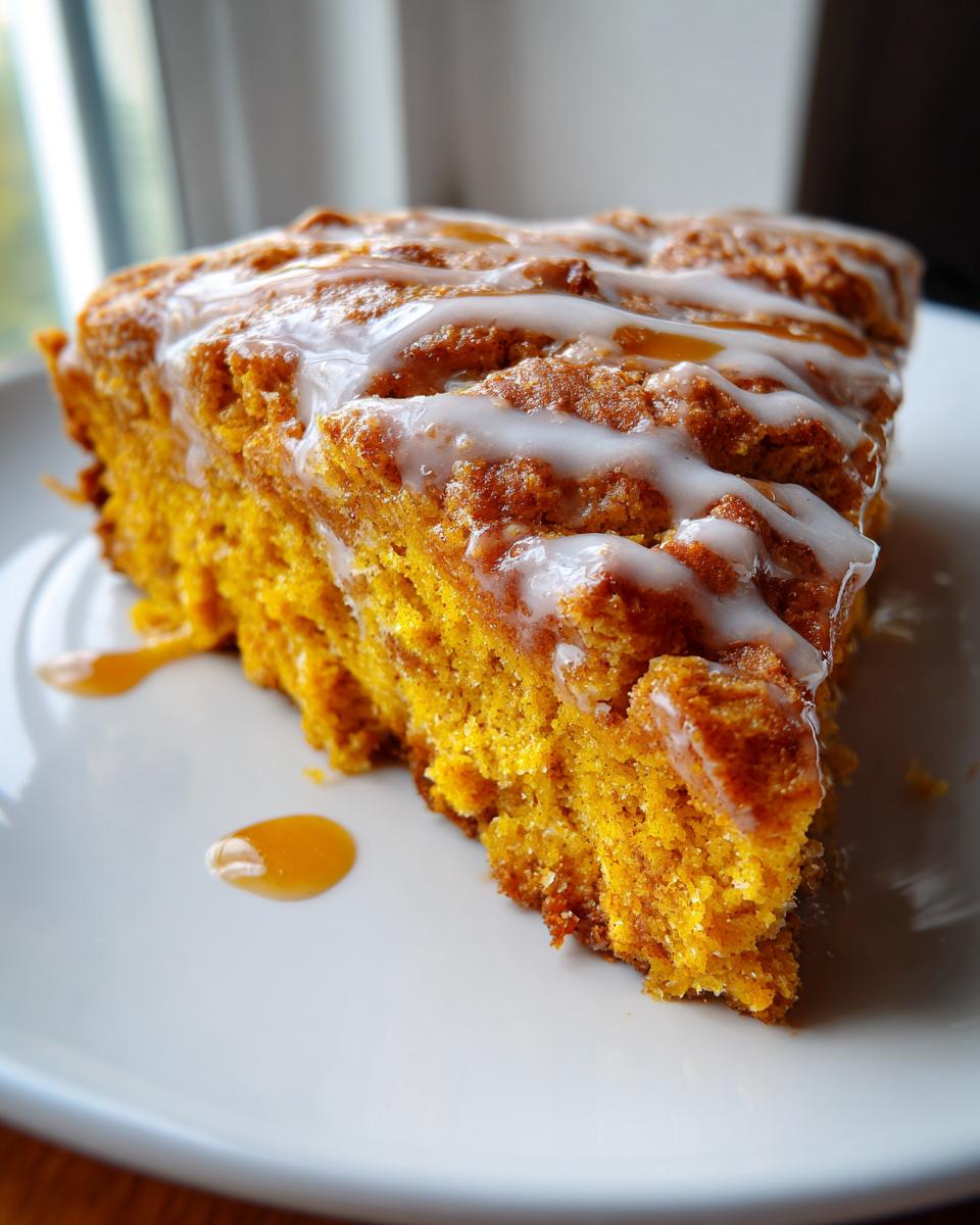 A close-up of a moist slice of Pumpkin Scones, drizzled with white glaze and a touch of honey.