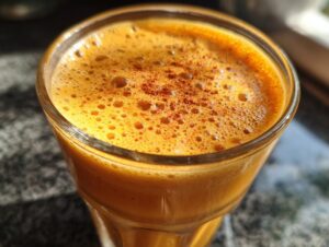 Close-up of a vibrant orange pumpkin smoothie topped with foam and a sprinkle of cinnamon.
