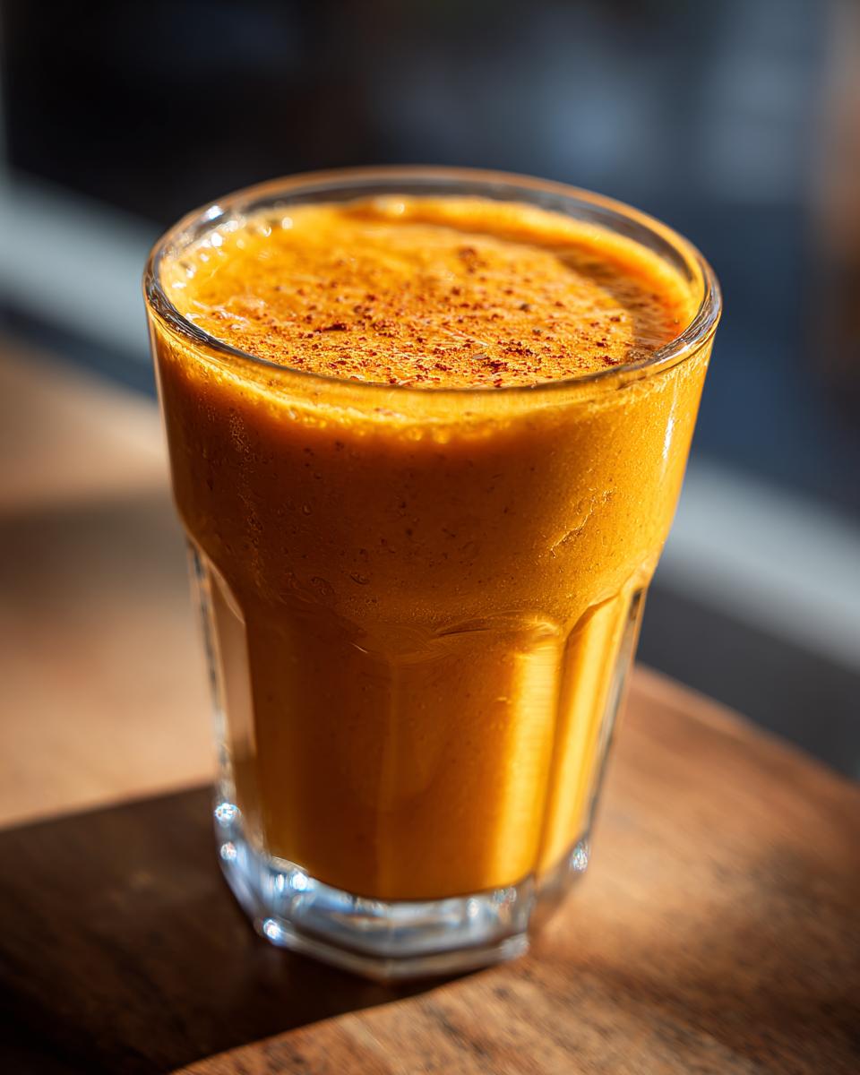 Close-up of a vibrant orange pumpkin smoothie in a glass, topped with a sprinkle of cinnamon.