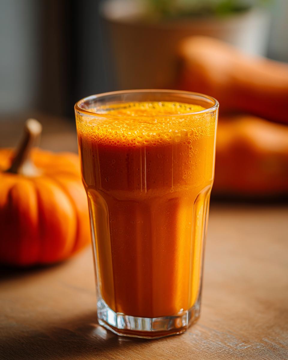 A refreshing pumpkin smoothie in a clear glass, with a small pumpkin and carrots blurred in the background.