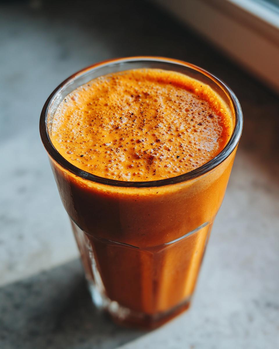 Close-up of a vibrant orange Pumpkin Smoothie in a clear glass, topped with a frothy layer.