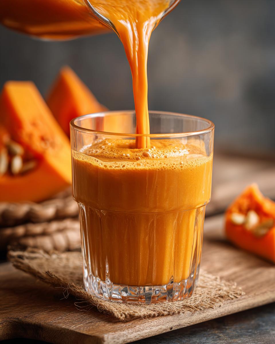 Close-up of a vibrant orange pumpkin smoothie being poured into a glass, with pumpkin slices in the background.