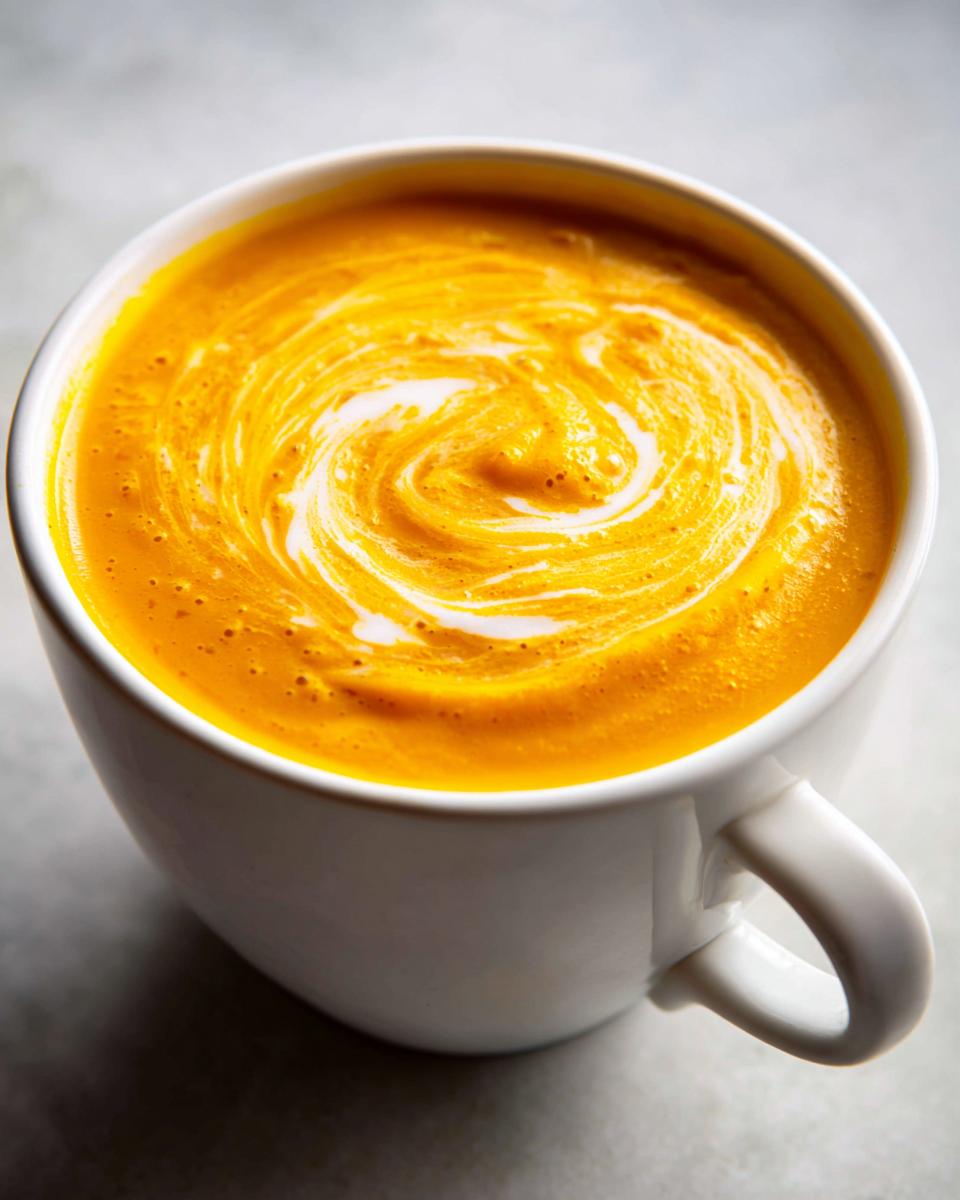 A close-up of a white mug filled with vibrant orange Pumpkin Soup, topped with a swirl of cream.