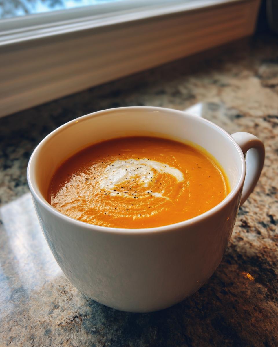 A close-up of a white bowl filled with vibrant orange Pumpkin Soup, topped with a swirl of cream and cracked black pepper.