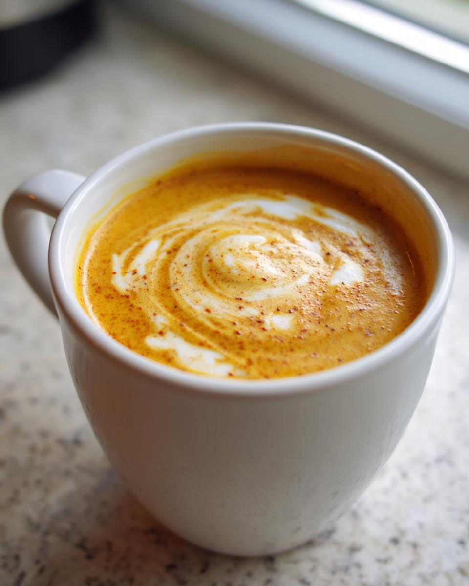 A close-up of a white mug filled with creamy Pumpkin Soup, swirled with cream and sprinkled with spices.
