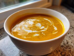 A close-up of a bowl of vibrant orange Pumpkin Soup, drizzled with cream and sprinkled with black pepper.