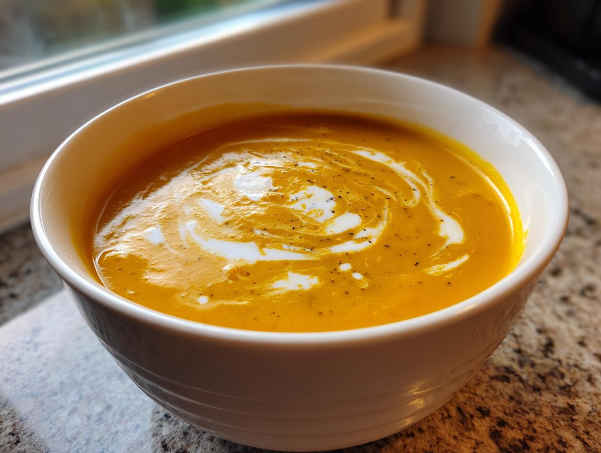 A close-up of a bowl of vibrant orange Pumpkin Soup, drizzled with cream and sprinkled with black pepper.