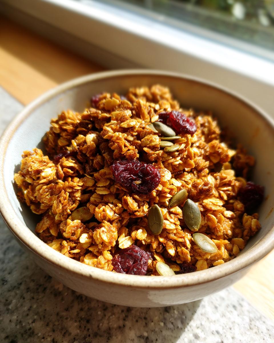 A bowl filled with crunchy Pumpkin Spice Granola, featuring clusters, dried cranberries, and pumpkin seeds.
