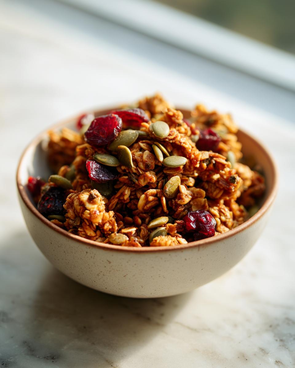 A close-up of a bowl filled with crunchy Pumpkin Spice Granola, featuring dried cranberries and pumpkin seeds.
