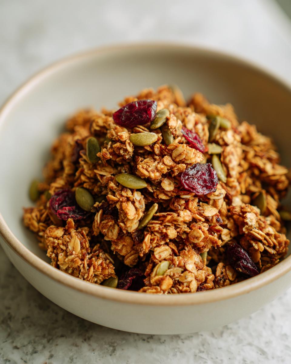 A close-up of a bowl filled with crunchy Pumpkin Spice Granola, featuring oats, cranberries, and pumpkin seeds.