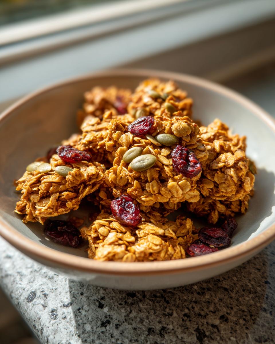Close-up of crunchy Pumpkin Spice Granola clusters in a bowl, topped with dried cranberries and pumpkin seeds.