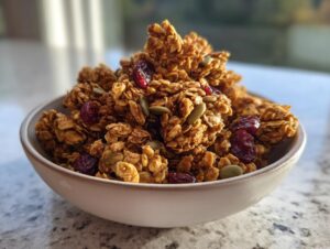 A bowl overflowing with homemade Pumpkin Spice Granola, featuring crunchy clusters, dried cranberries, and pumpkin seeds.
