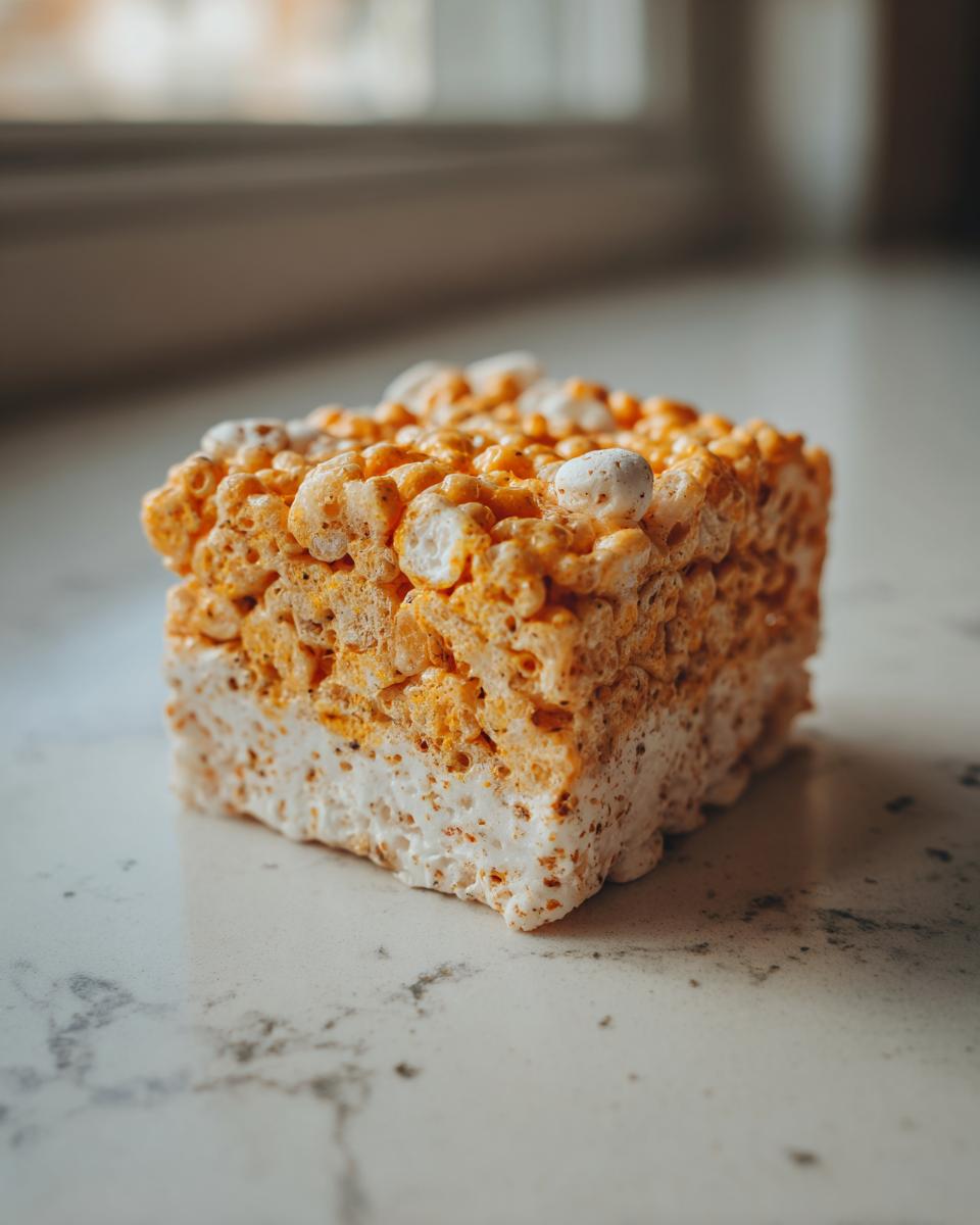 A close-up of a square Pumpkin Spice Rice Krispie Treat with visible marshmallows and orange coloring.