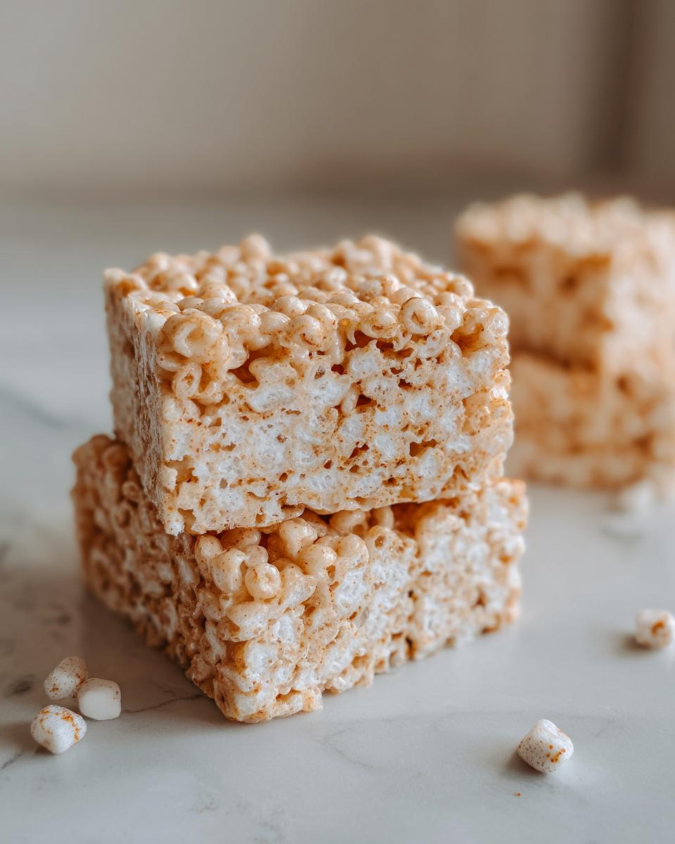 A stack of two Pumpkin Spice Rice Krispie Treats with a few mini marshmallows scattered nearby.
