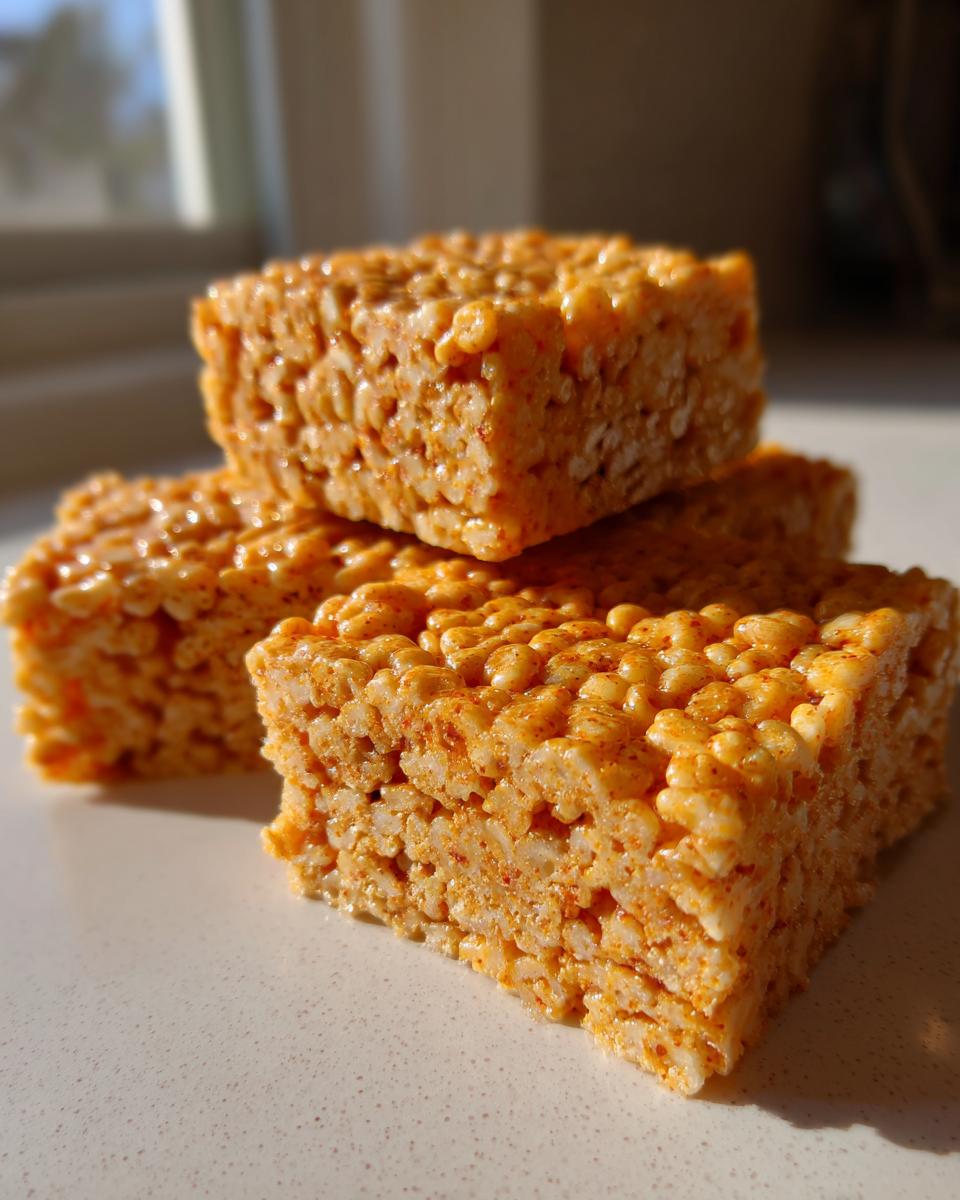 A stack of three homemade Pumpkin Spice Rice Krispie Treats, showing the texture and orange hue.