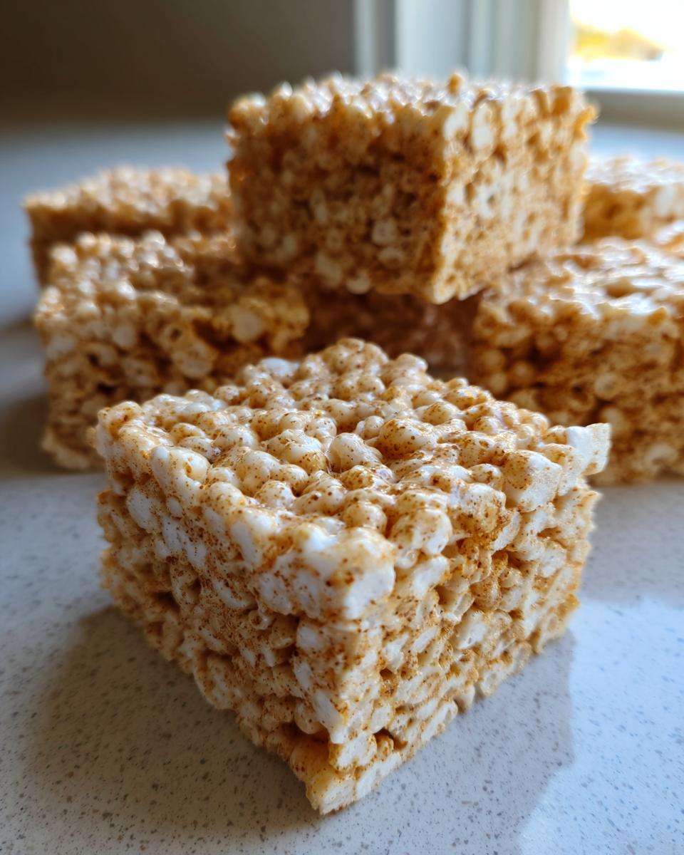 Close-up of a stack of Pumpkin Spice Rice Krispie Treats, showing the texture and cinnamon spice.