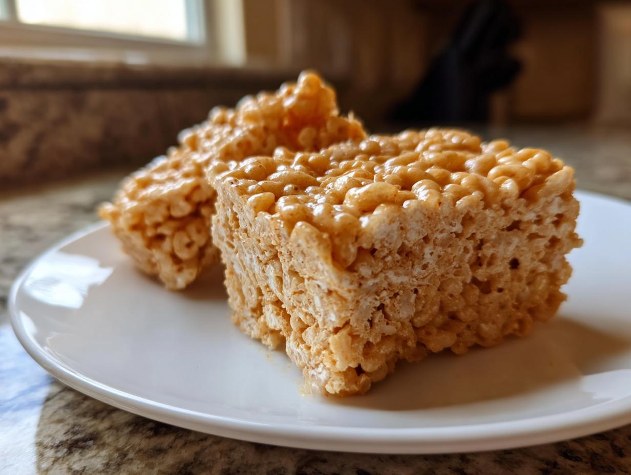 Close-up of two squares of Pumpkin Spice Rice Krispie Treats on a white plate.