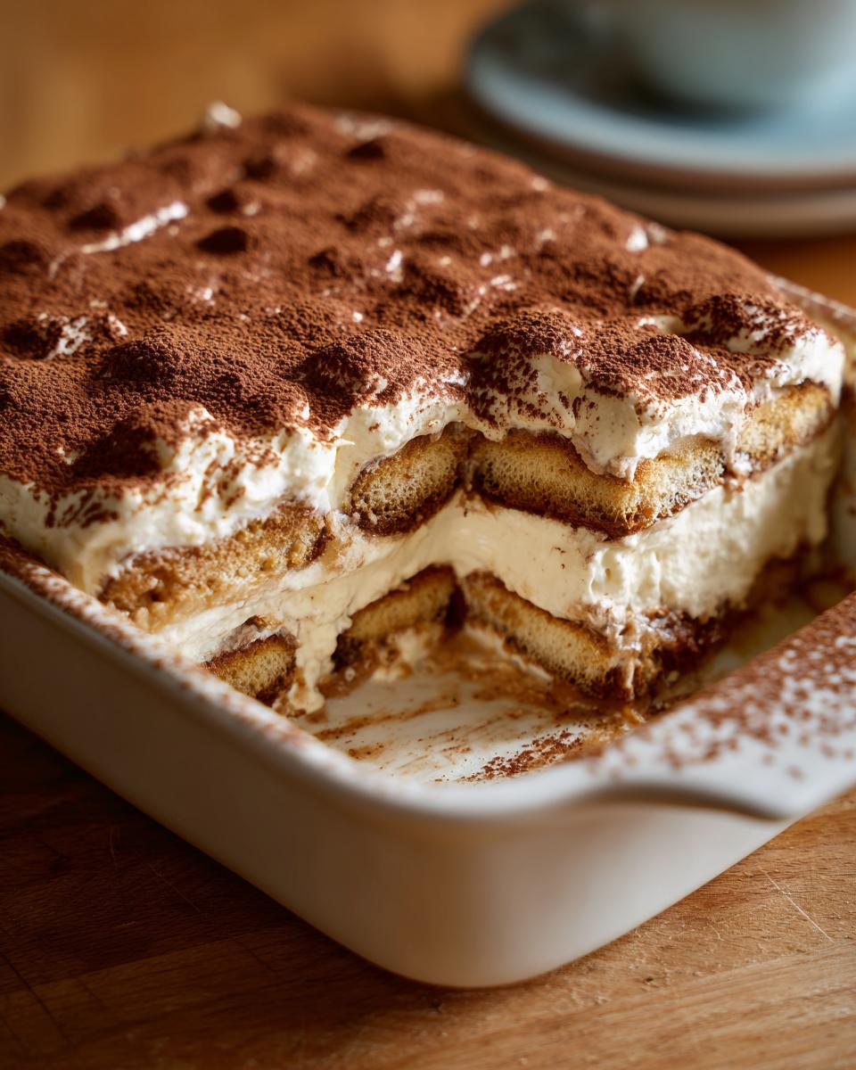 A close-up of a rectangular Pumpkin Tiramisu in a white dish, dusted with cocoa powder.