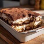 A close-up of a rectangular Pumpkin Tiramisu in a white baking dish, dusted with cocoa powder.