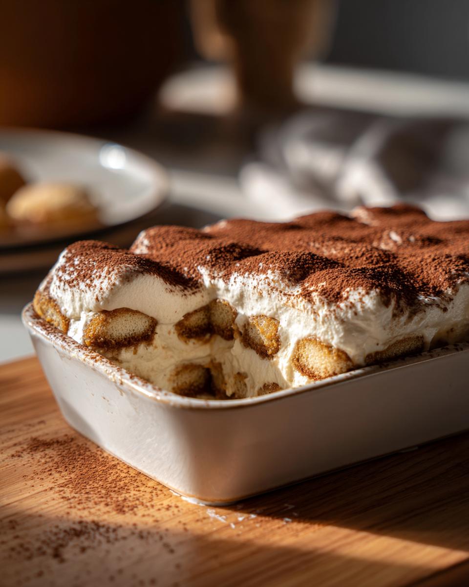 A close-up of a white dish filled with creamy Pumpkin Tiramisu, dusted with cocoa powder.