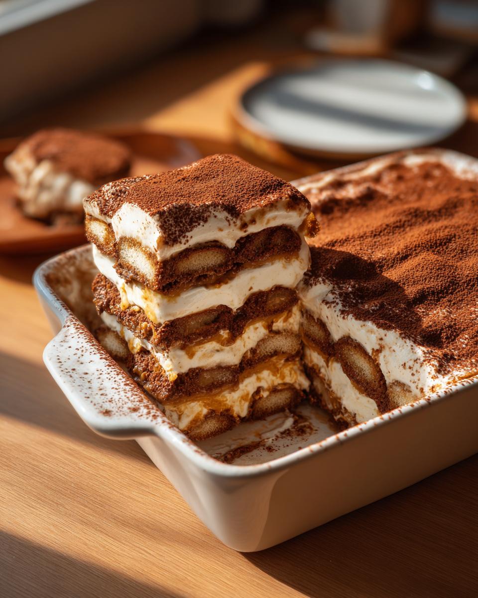 Close-up of a decadent Pumpkin Tiramisu dessert with layers of ladyfingers, cream, and cocoa powder.