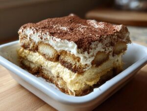 A close-up of a delicious slice of Pumpkin Tiramisu, layered with ladyfingers and cream, dusted with cocoa powder.
