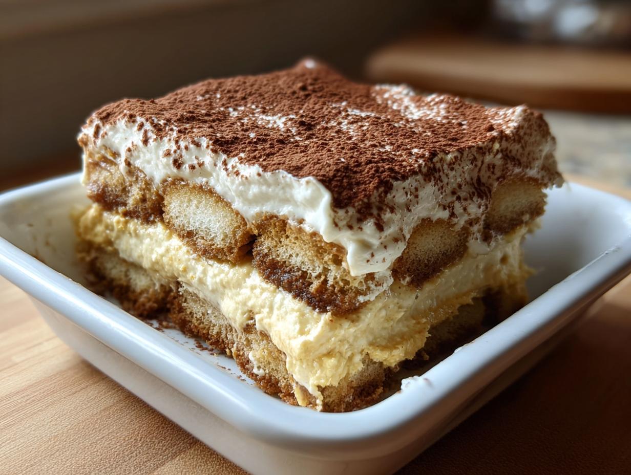 A close-up of a delicious slice of Pumpkin Tiramisu, layered with ladyfingers and cream, dusted with cocoa powder.