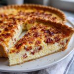 A close-up of a slice of Quiche Lorraine on a plate, showing a golden crust, creamy filling, and crispy bacon.