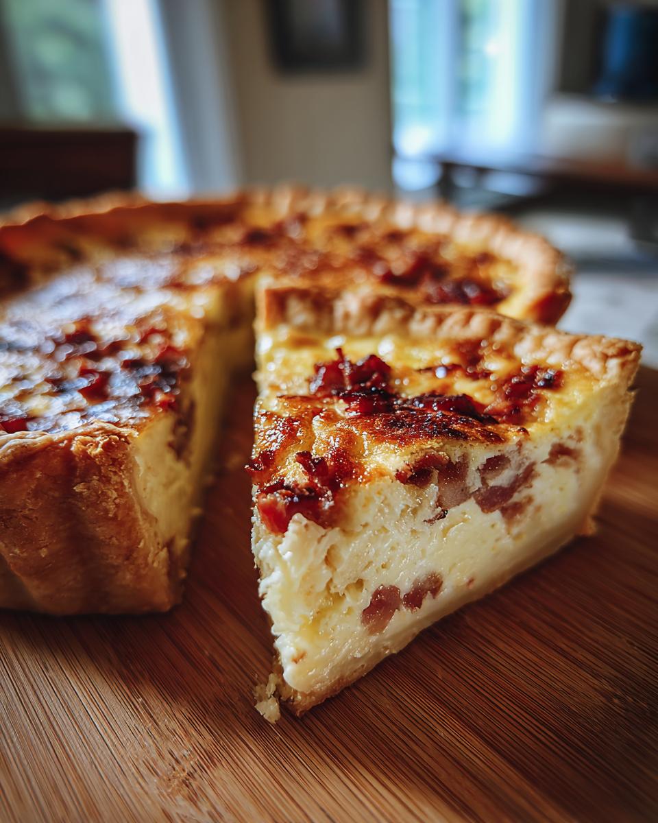 A slice of Quiche Lorraine with crispy bacon and creamy filling, served on a wooden cutting board.