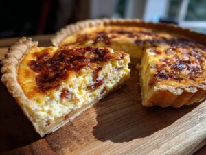 A close-up of a slice of Quiche Lorraine with a golden crust and a creamy filling with bacon.
