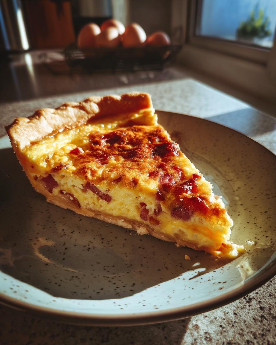A golden slice of Quiche Lorraine on a speckled plate, showcasing its flaky crust and savory filling.