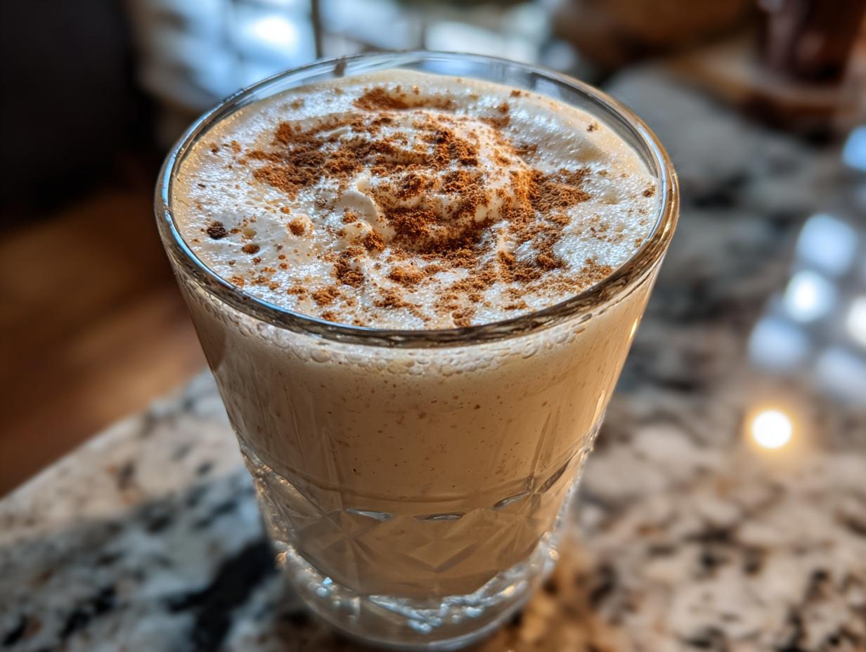 A close-up of a glass filled with rich and creamy eggnog, generously dusted with cinnamon.