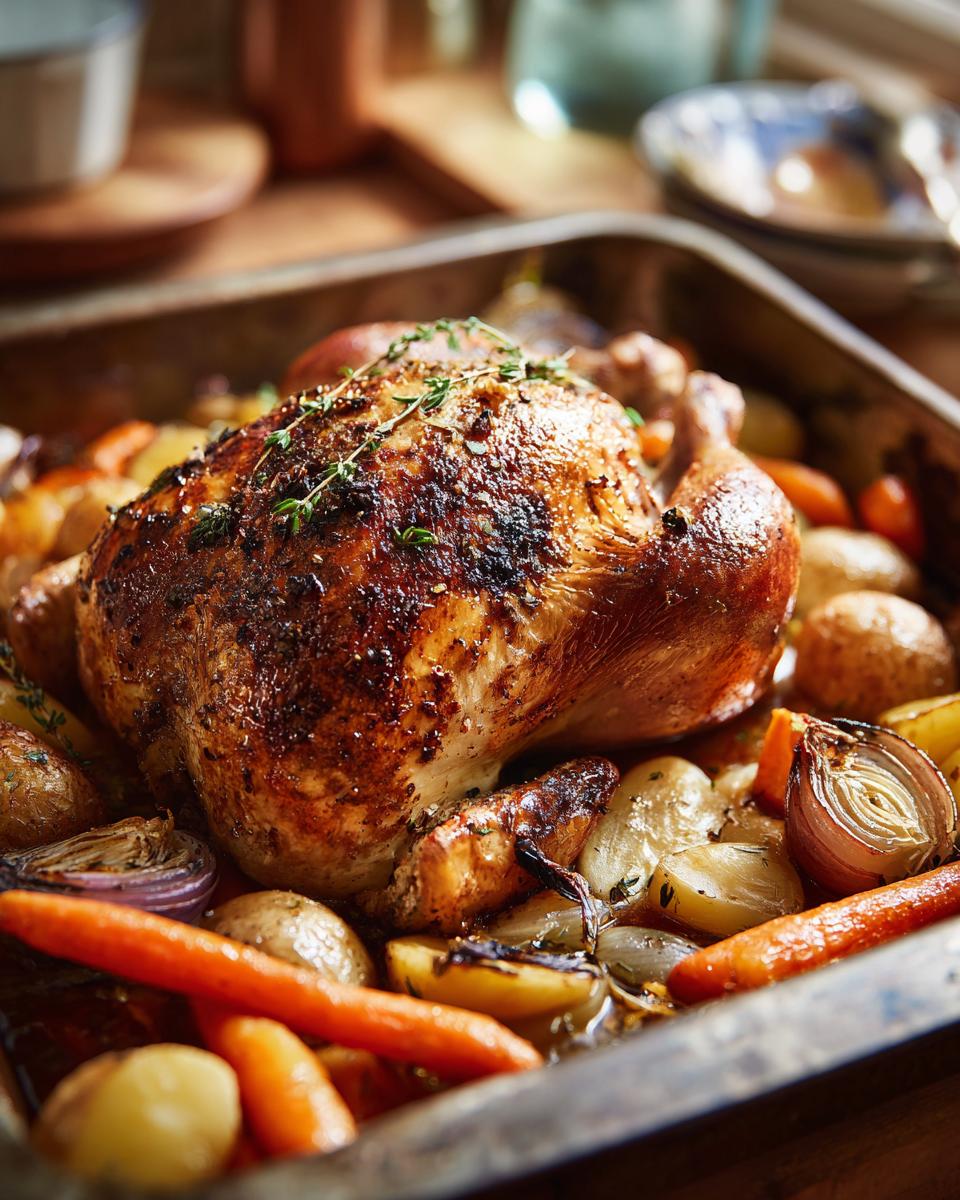 A beautifully golden-brown roast chicken nestled amongst roasted vegetables including carrots, potatoes, and onions.