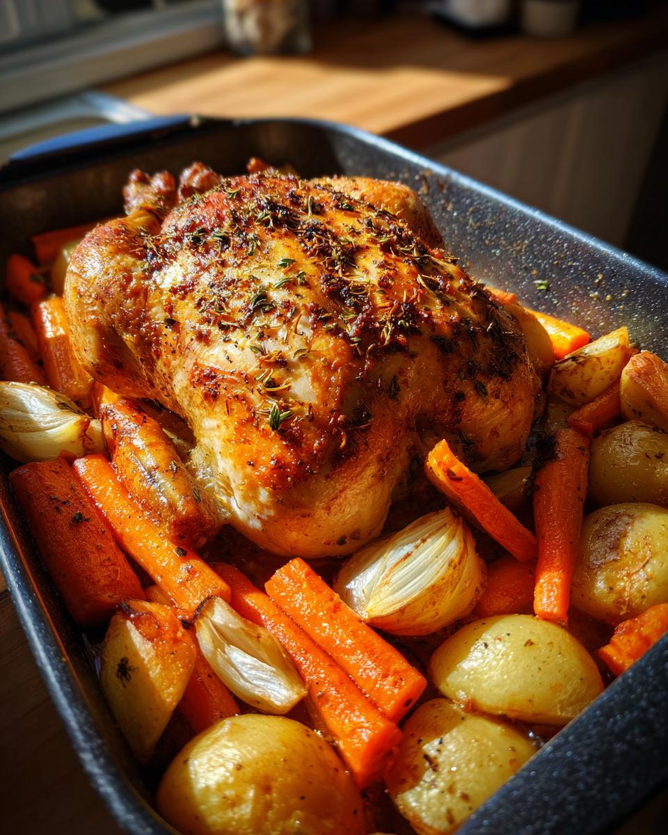 A perfectly roasted chicken nestled amongst carrots, potatoes, and onions in a roasting pan.