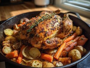 A perfectly golden roast chicken nestled amongst roasted carrots, potatoes, and onions in a cast iron skillet.
