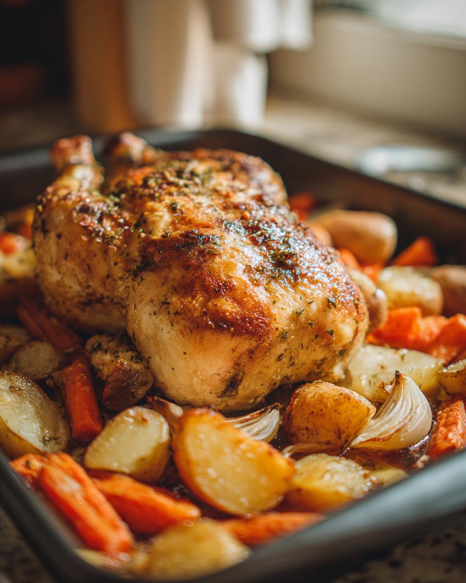 A golden brown whole roast chicken nestled amongst roasted potatoes, carrots, and onions in a pan.