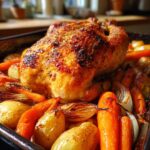 A perfectly golden-brown roast chicken nestled amongst roasted carrots, potatoes, and onions in a baking pan.