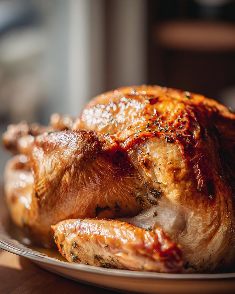 A perfectly golden and crispy roast turkey seasoned with herbs, ready to be served.