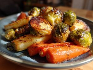 Close-up of roasted brussels sprouts and carrots seasoned with herbs and spices on a blue plate.