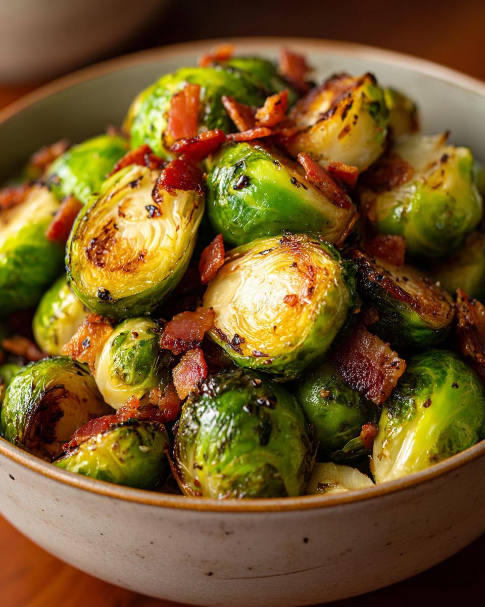 Close-up of a bowl filled with perfectly Roasted Brussels Sprouts with Bacon, showing caramelized edges and crispy bacon bits.