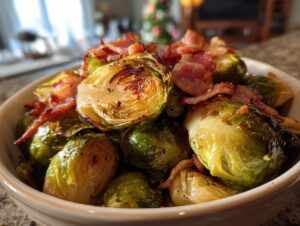 Close-up of a bowl filled with perfectly Roasted Brussels Sprouts with Bacon, showing crispy edges and savory bacon pieces.