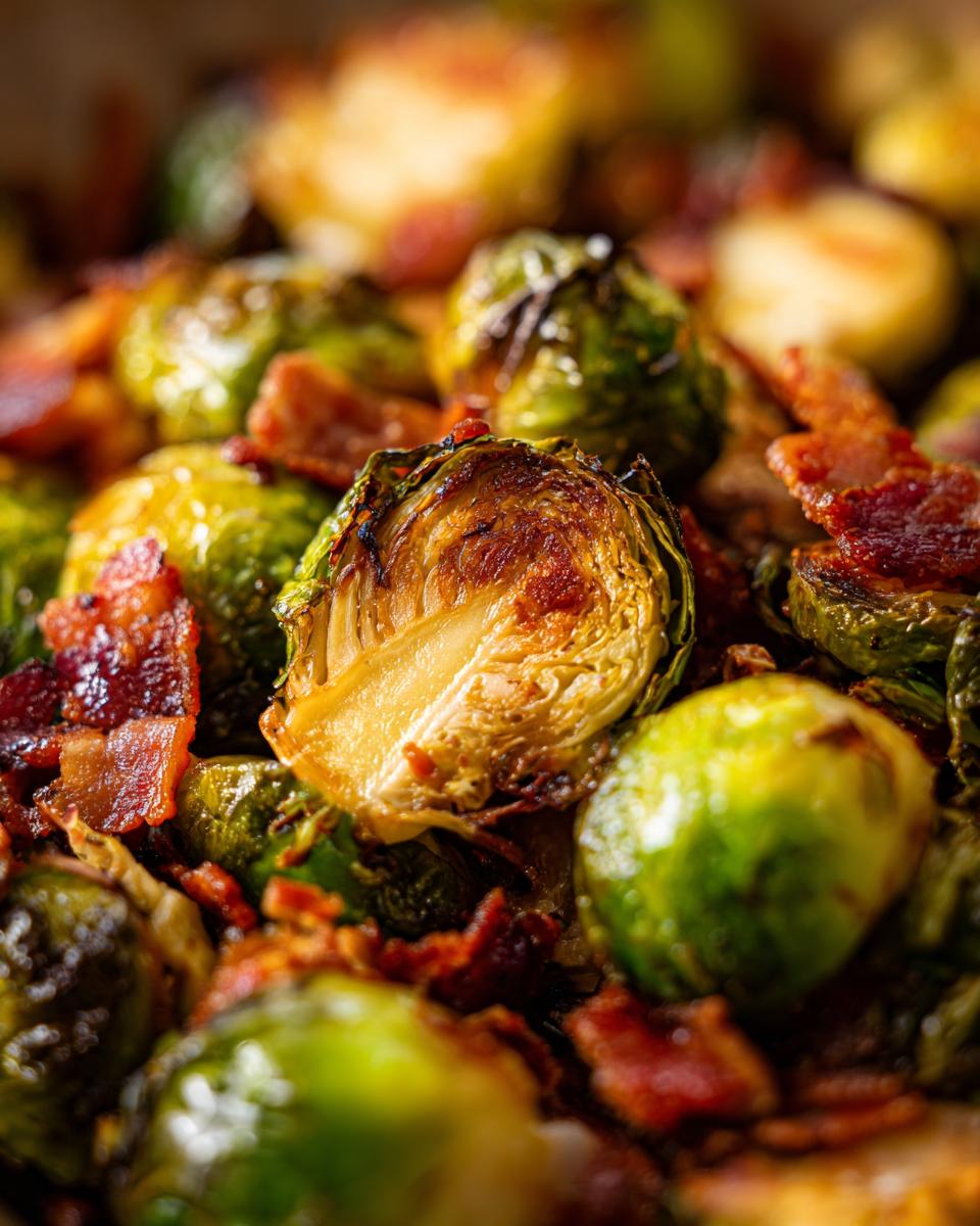 Close-up of perfectly Roasted Brussels Sprouts with Bacon, showing crispy edges and savory bacon bits.