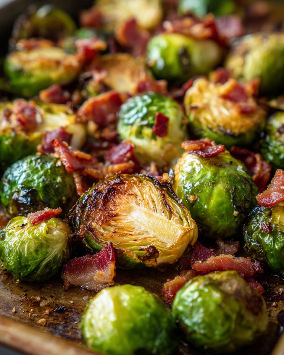 Close-up of perfectly Roasted Brussels Sprouts with Bacon, showing crispy edges and savory bacon bits.