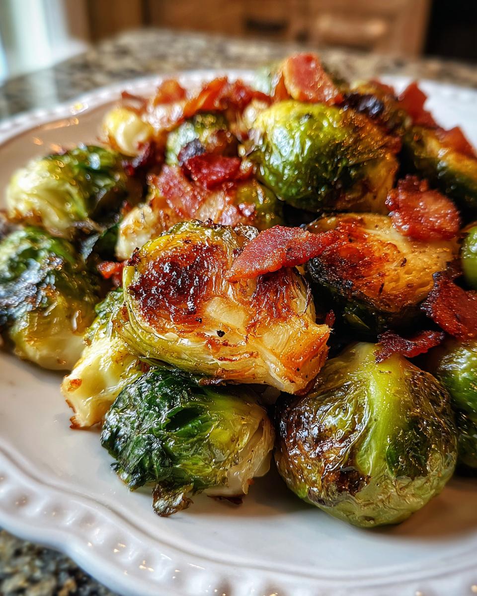 Close-up of perfectly Roasted Brussels Sprouts with crispy Bacon bits scattered on top.