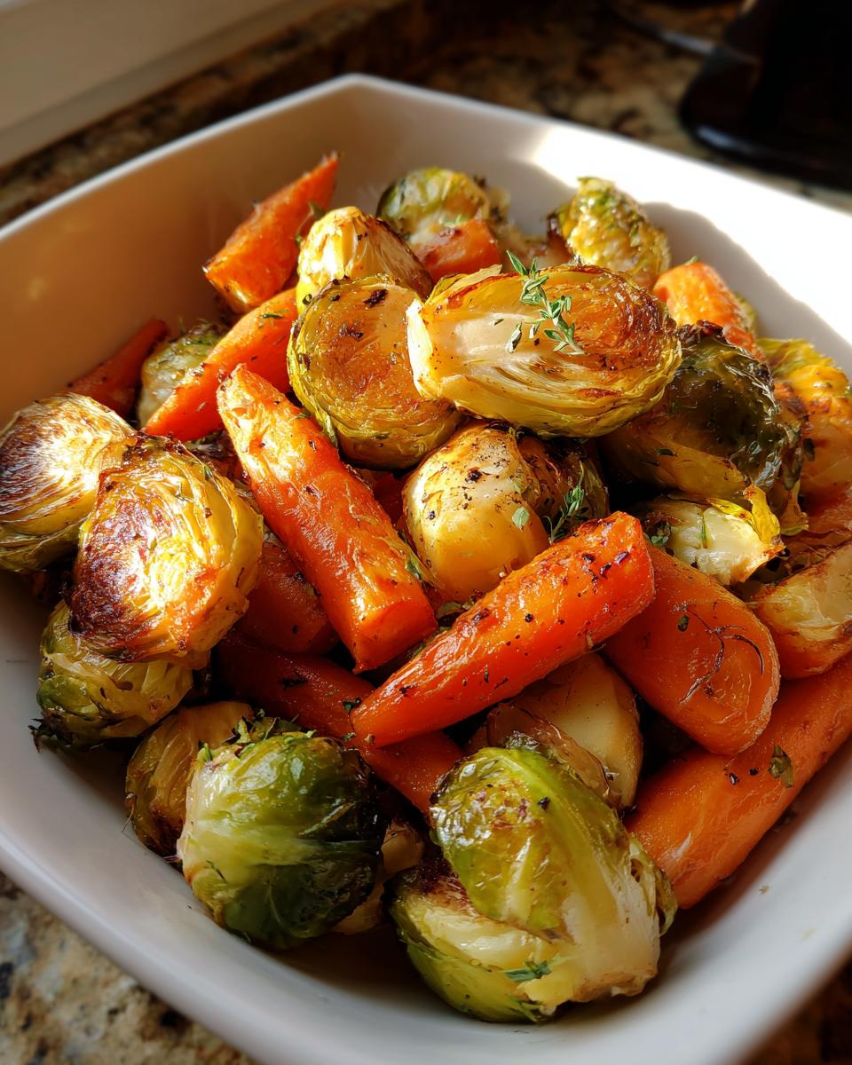 A close-up of a white bowl filled with glistening roasted brussels sprouts and carrots, seasoned with herbs.